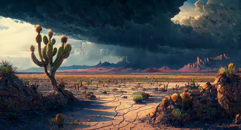 a painting of a desert scene with a storm coming in