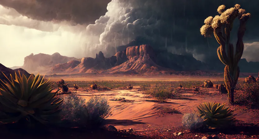 a desert scene with a cactus and storm clouds