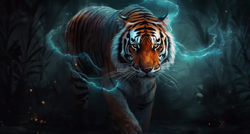 a tiger is walking through a dark forest