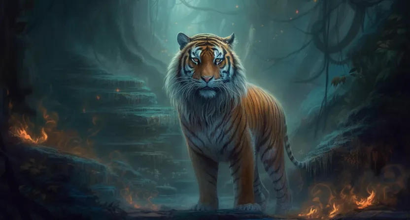 a tiger standing in the middle of a forest