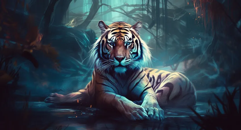 a tiger laying down in the middle of a forest