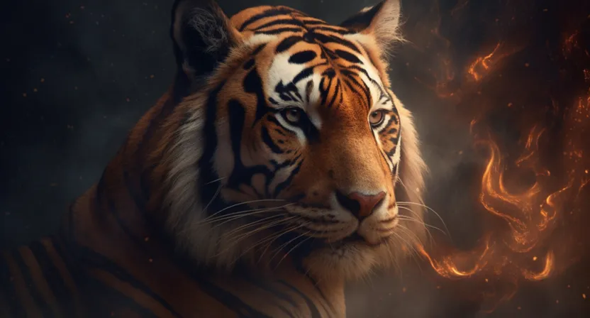 a close up of a tiger on a dark background