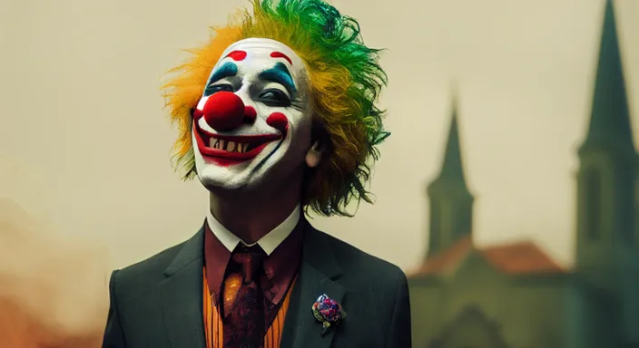 a man in a suit with a clown mask on