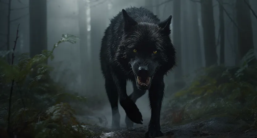 a black wolf walking through a forest on a foggy day