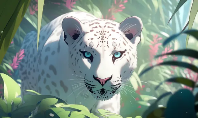 a white leopard with blue eyes in the jungle