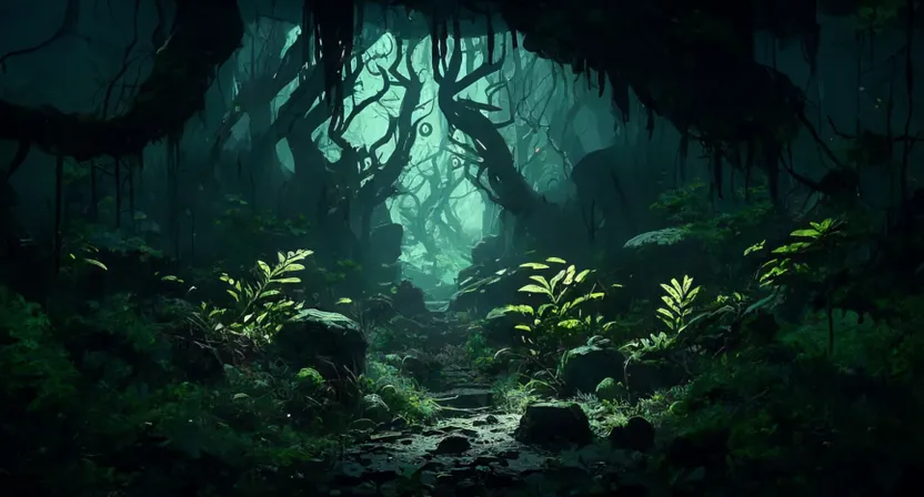 a dark forest filled with lots of green plants