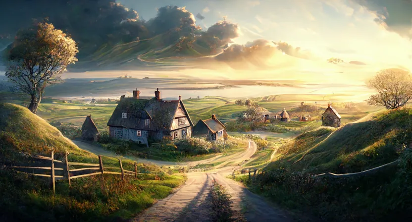 a painting of a country road leading to a house