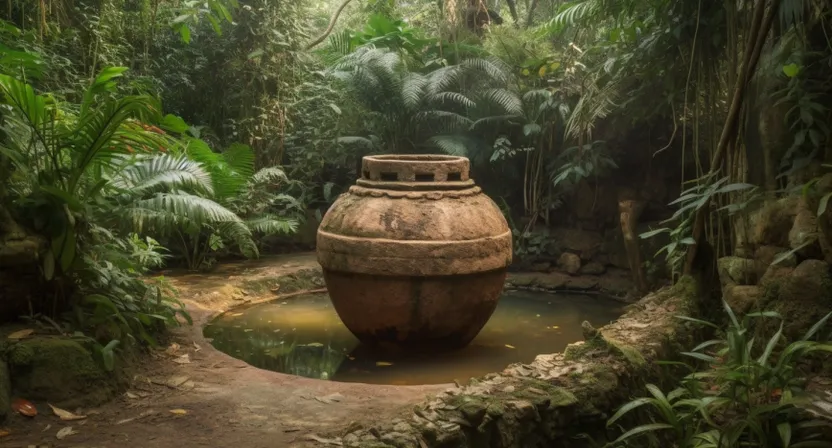 a large vase sitting in the middle of a forest