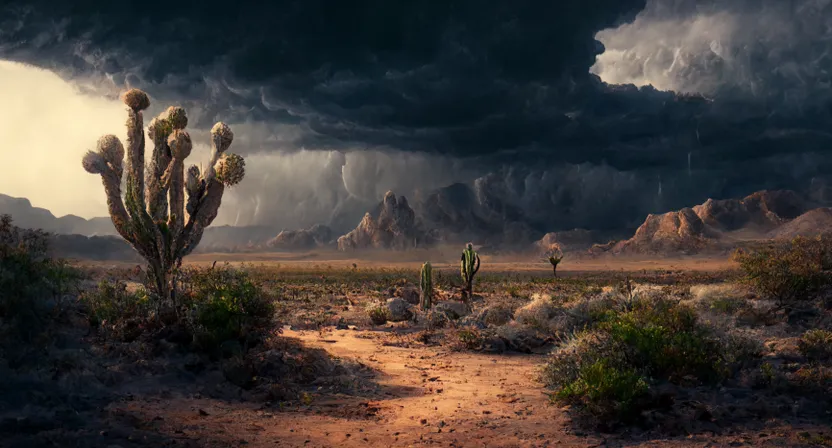 a desert scene with a cactus in the foreground and storm clouds in the background