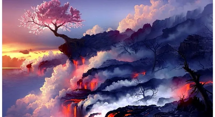 a painting of a volcano with a tree on top of it