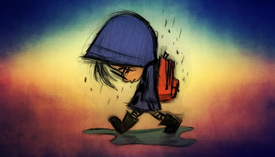 a drawing of a person walking in the rain