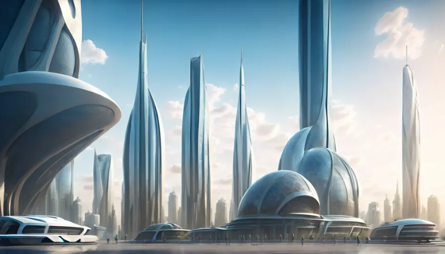 a futuristic city with tall buildings and a futuristic car