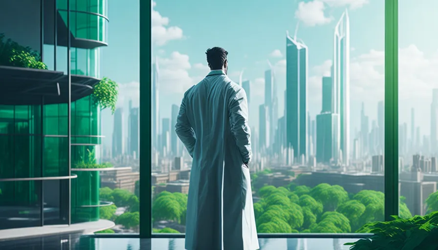 a man in a lab coat looking out a window at a city