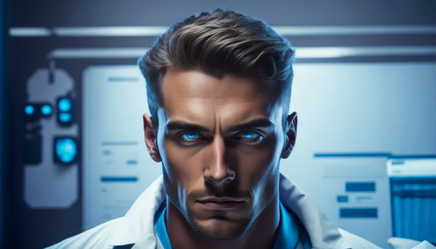 a man with blue eyes in front of a computer screen