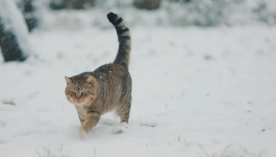 a cat walking through the snow in the woods