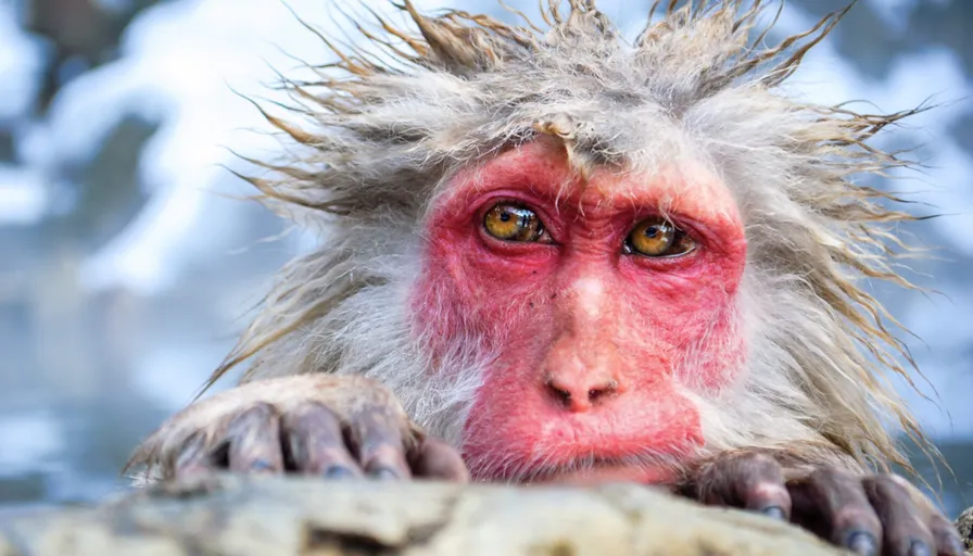 a close up of a monkey near a rock