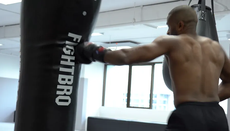 a shirtless man in a gym with a punching bag