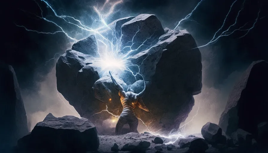 a man standing in front of a giant rock with lightning coming out of it