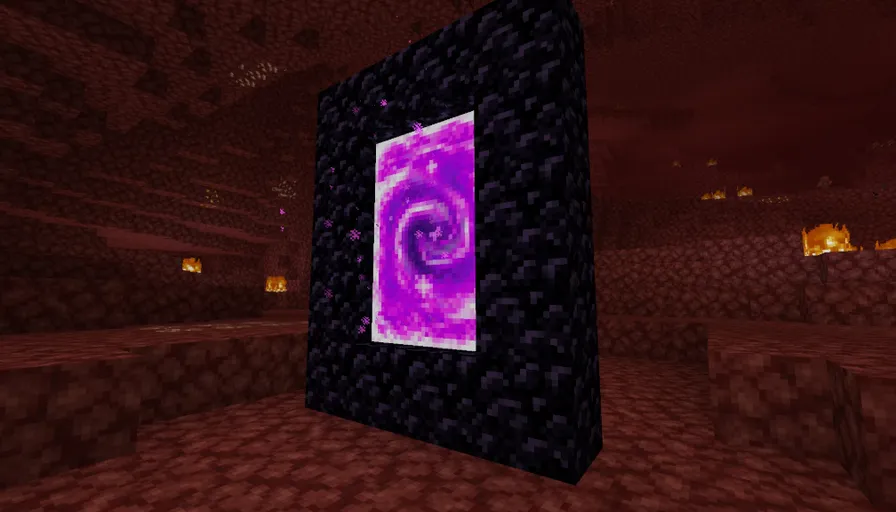 A computer generated image of a purple spiral, with the portal swirling, the red nether blocks catching on fire, and looking like the demon realm. Make the portal swirl, Make the red nether blocks catch on fire and look like the demon realm