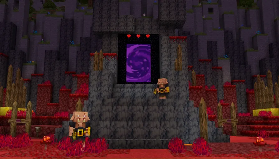 a screenshot of a computer game with a purple screen and a bunch of movement in the minecraft nether and portal. Add a bunch of movement to the minecraft nether and portal