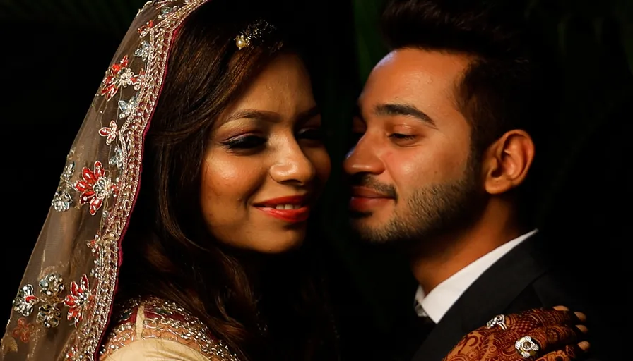 a bride and groom pose for a picture. the bride has a mustache and the groom has a goatee