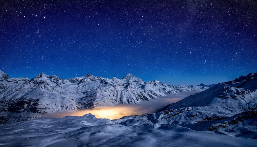 a night sky with stars above a mountain range, with a red tint and shooting stars