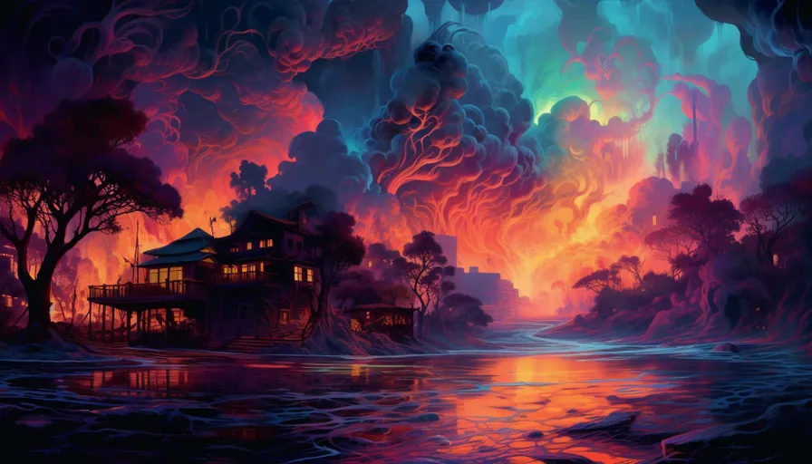 a painting of a house in the middle of a lake