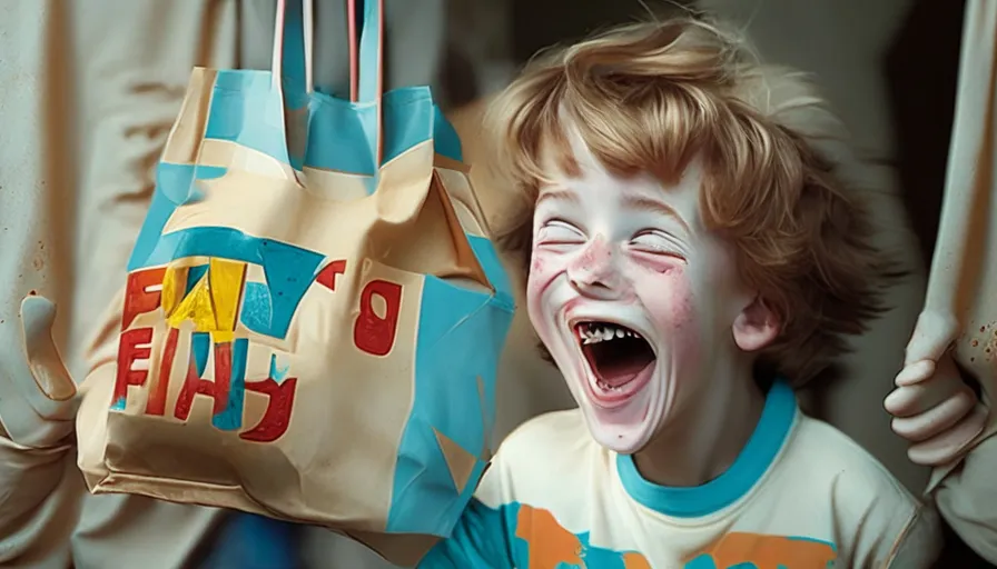 a young boy with his mouth open holding a bag