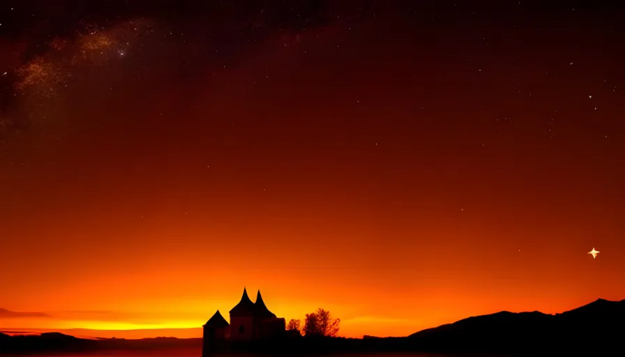 a red sky with stars and a castle in the foreground, black night