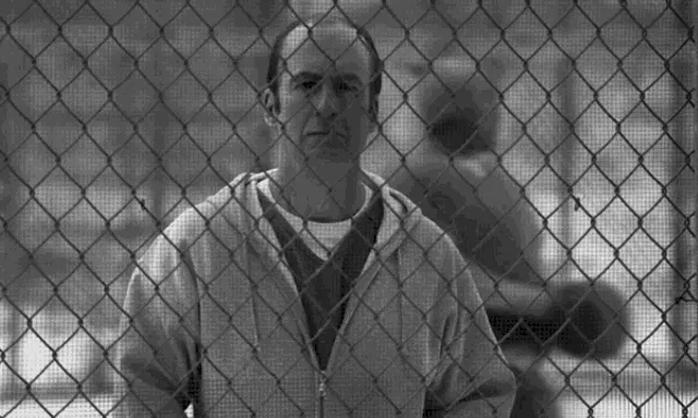 hairstyle, facial expression, muscle, black, fence, mesh, black-and-white, standing, gesture, wire fencing