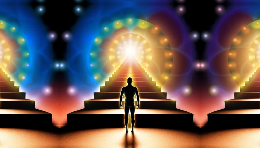a man standing in front of a stage with lights turns into an eagle and flys to the top of the stairs or pyramid lights glowing intensely:2