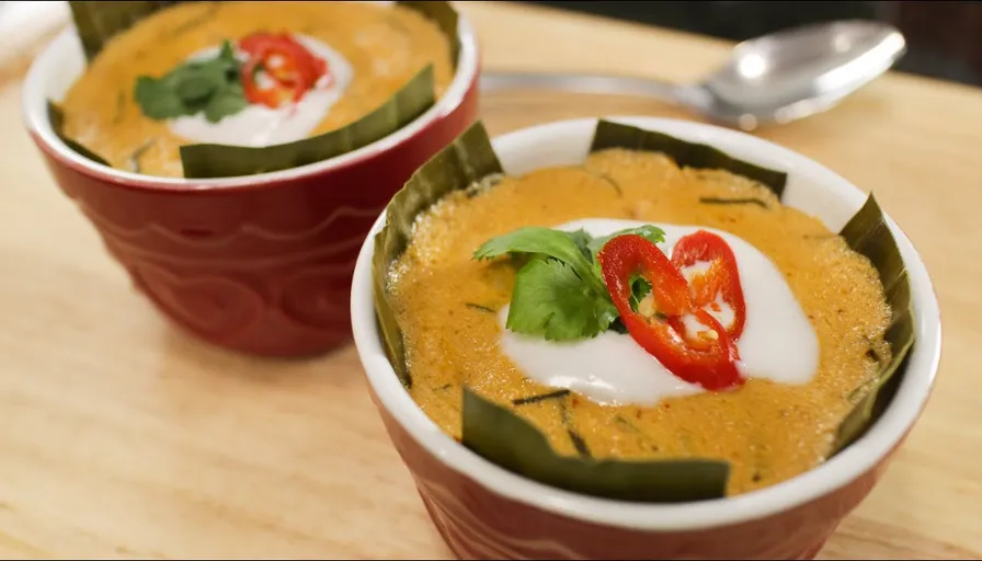 two bowls of food with a spoon on a table