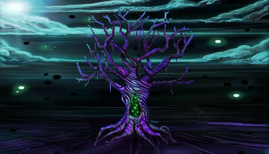 a painting of a tree in the middle of the night