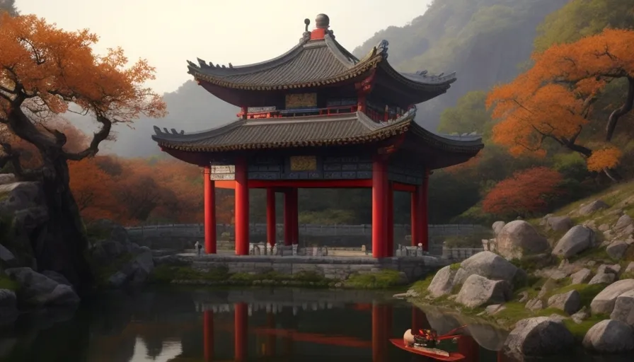 a painting of a pagoda in the middle of a lake