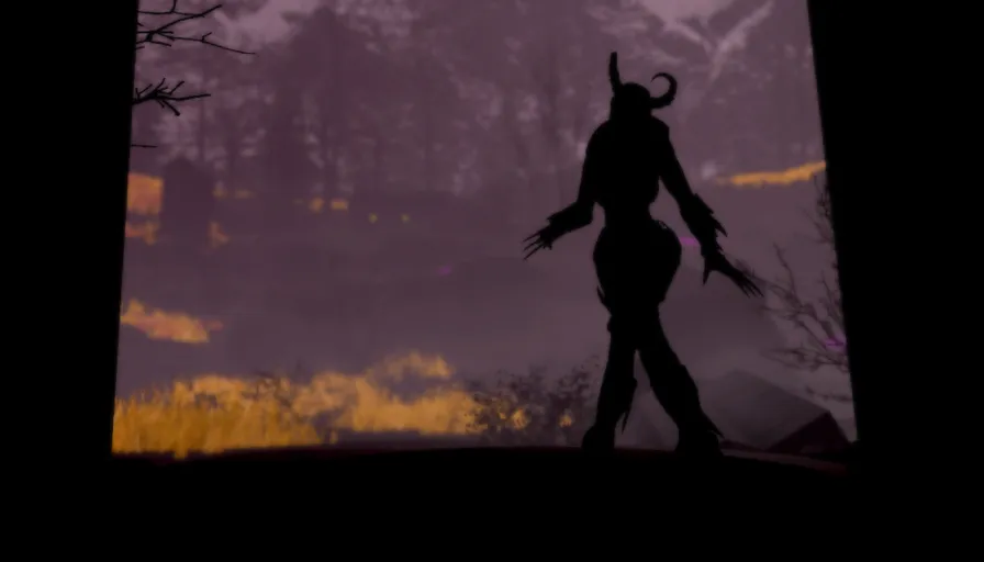 a silhouette of a woman walking through a forest