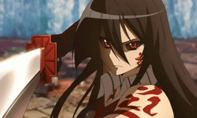 hair, head, eye, mouth, cartoon, black hair, long hair, cg artwork, fictional character, Akame Ga Kill, high detailed, Japanese anime, katana change colors, red and black.