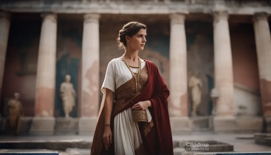 a woman in a roman dress standing in front of a building