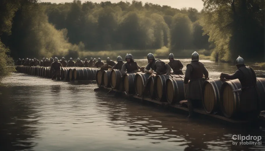 a group of people riding on the back of wooden barrels