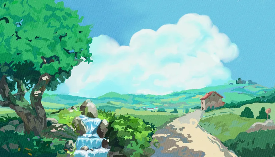 a painting of a stream running through a lush green countryside