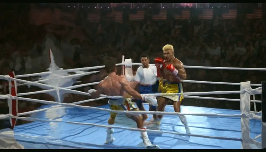 Two tired boxers in a boxing ring, one boxer leaning exhausted against the ropes after a tough fight.