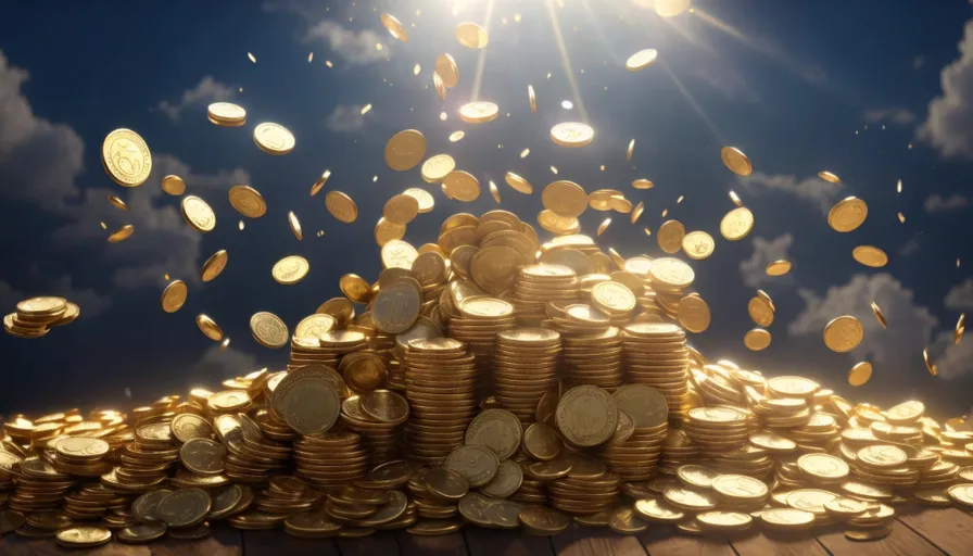 a pile of gold coins falling into the air