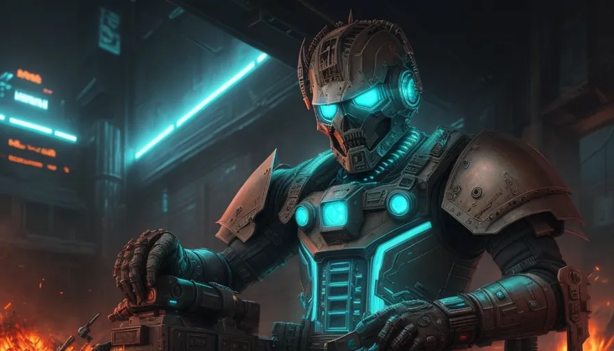 animate from this image as the cyborg helmet turns, the eyes in the helmet glow with neon.