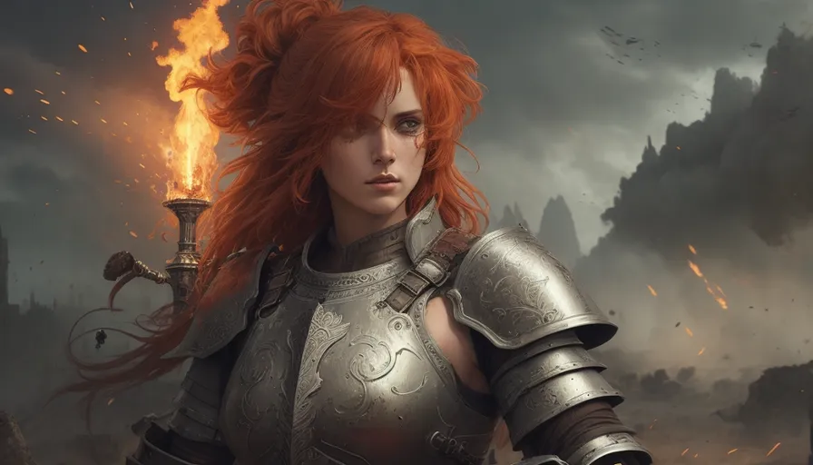 a woman with red hair and armor holding a sword