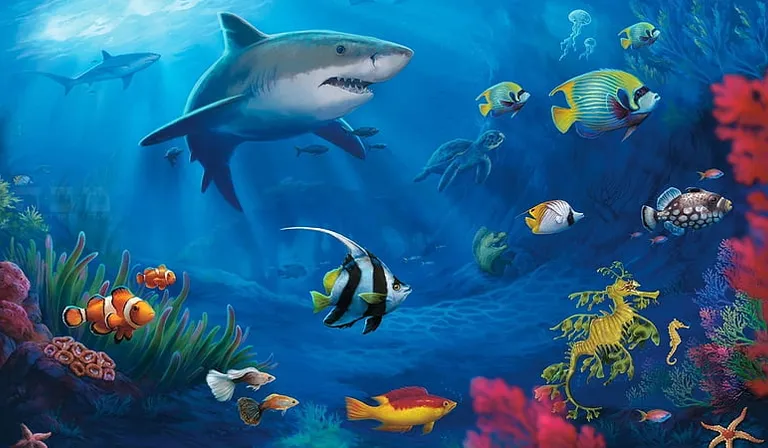 a painting of a shark surrounded by fish