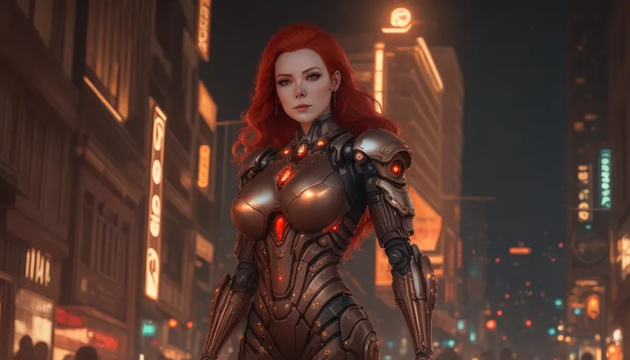 a woman in a futuristic suit in a city at night