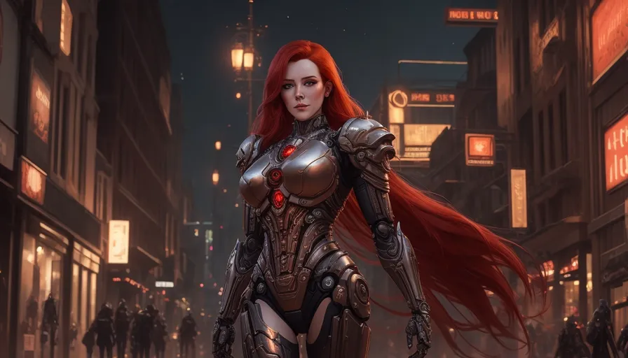 a woman with long red hair standing in the middle of a city