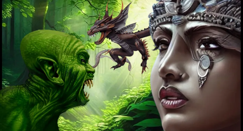 a painting of a woman and a dragon in a forest