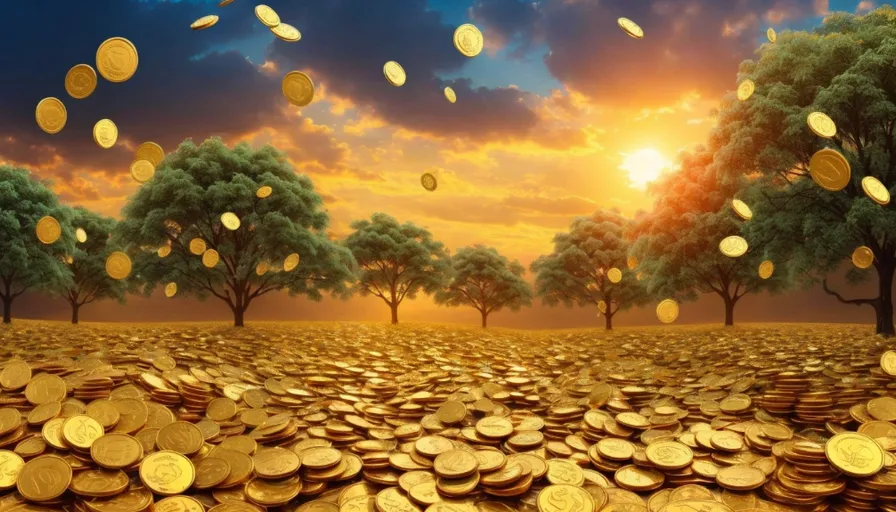 a painting of a field full of gold coins