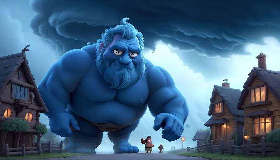 a big blue monster standing in front of a house