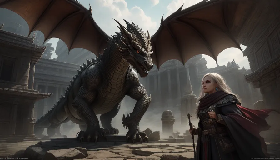 a woman standing next to a large dragon